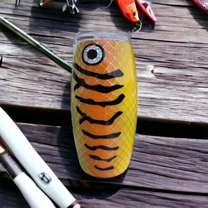 25oz fishing lure travel mug, stainless steel, insulated, epoxy sealed